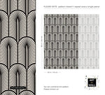 Pattern detail sheet of the Monochrome Deco fan design with close-up and panel dimensions