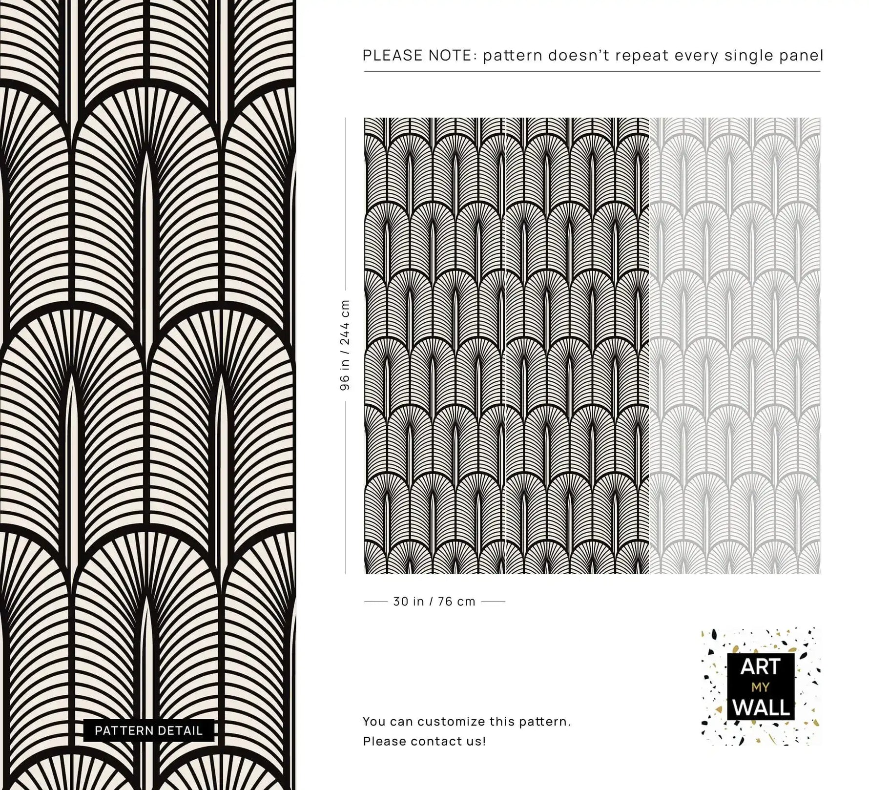 Pattern detail sheet of the Monochrome Deco fan design with close-up and panel dimensions