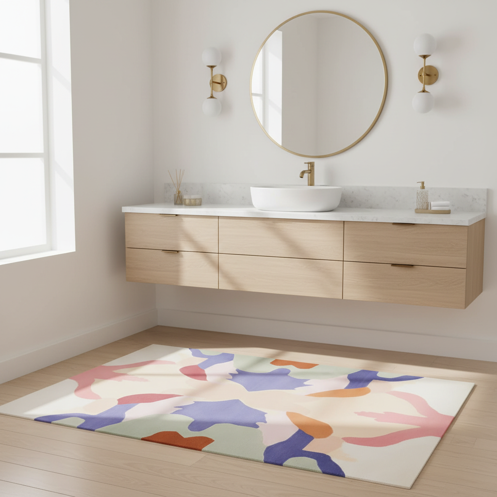 Bathroom with wooden vanity, round mirror, and colorful rug on wooden floor.