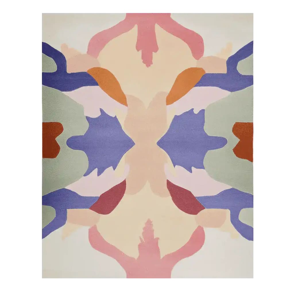 A beautifully designed area rug showcasing an abstract pattern with vibrant colors including pink, blue, orange, and green. This contemporary wool rug is perfect for elevating the style of any living room, adding a touch of modern art to your space.
