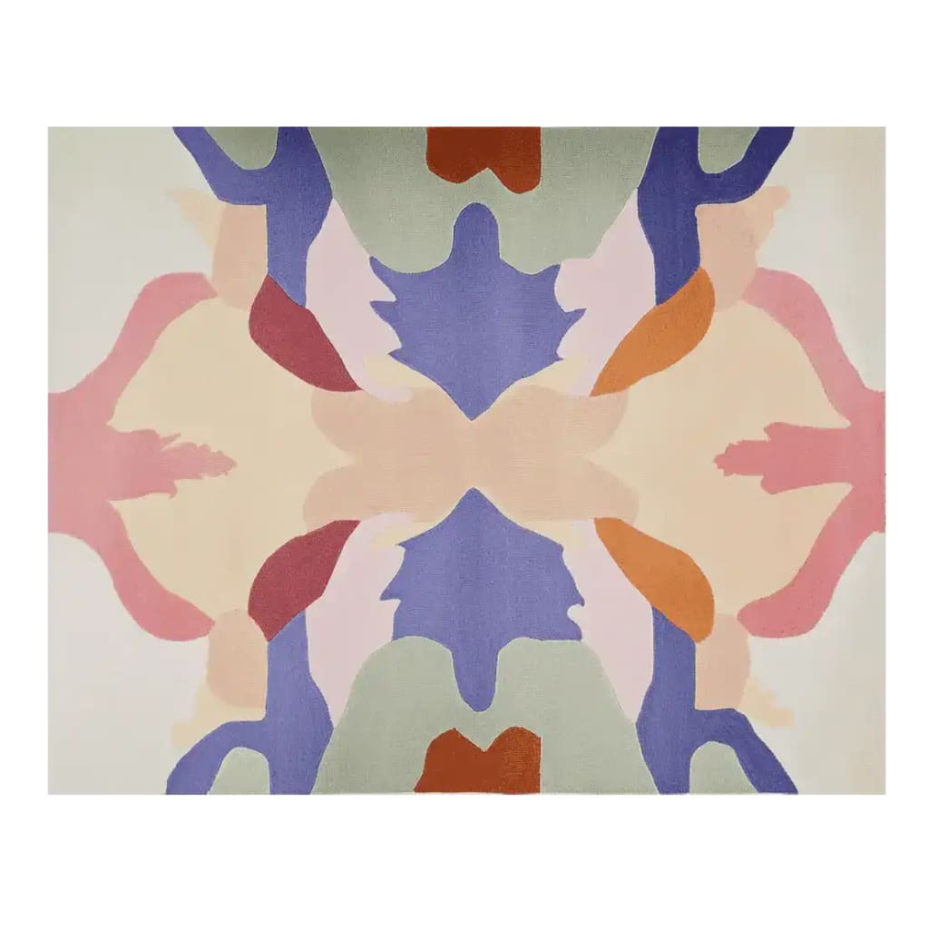 This vibrant area rug features an abstract pattern with bold colors like blue, pink, orange, and green, perfect for a contemporary living room. Crafted from high-quality wool, this hand-tufted rug adds a modern touch to any space, ideal for those looking to enhance their living room area with stylish rugs.