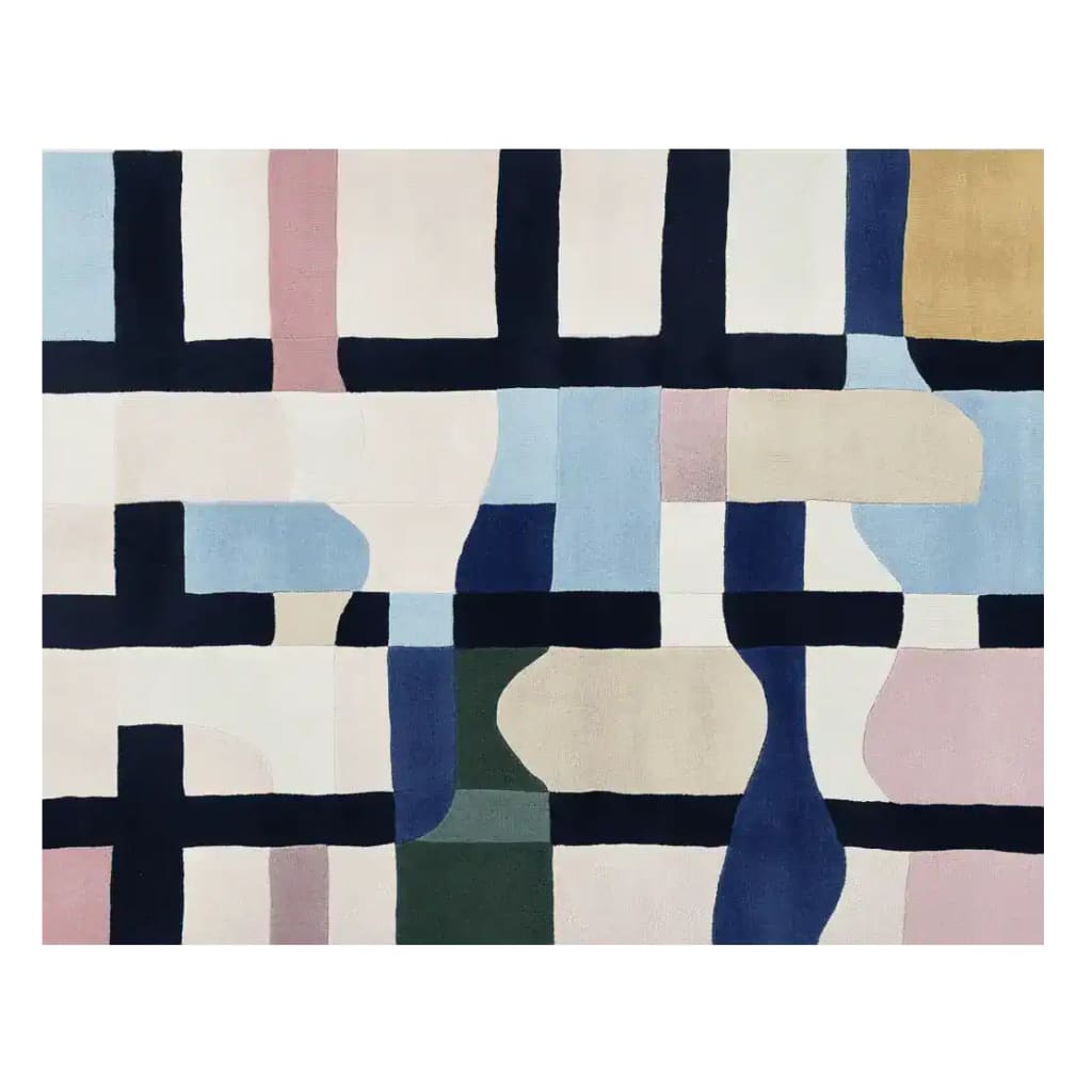 Colorful abstract pattern on a contemporary wool rug, perfect as a large area rug for living rooms. The design features a mix of blue, pink, beige, and green shapes, adding a modern flair to any space.