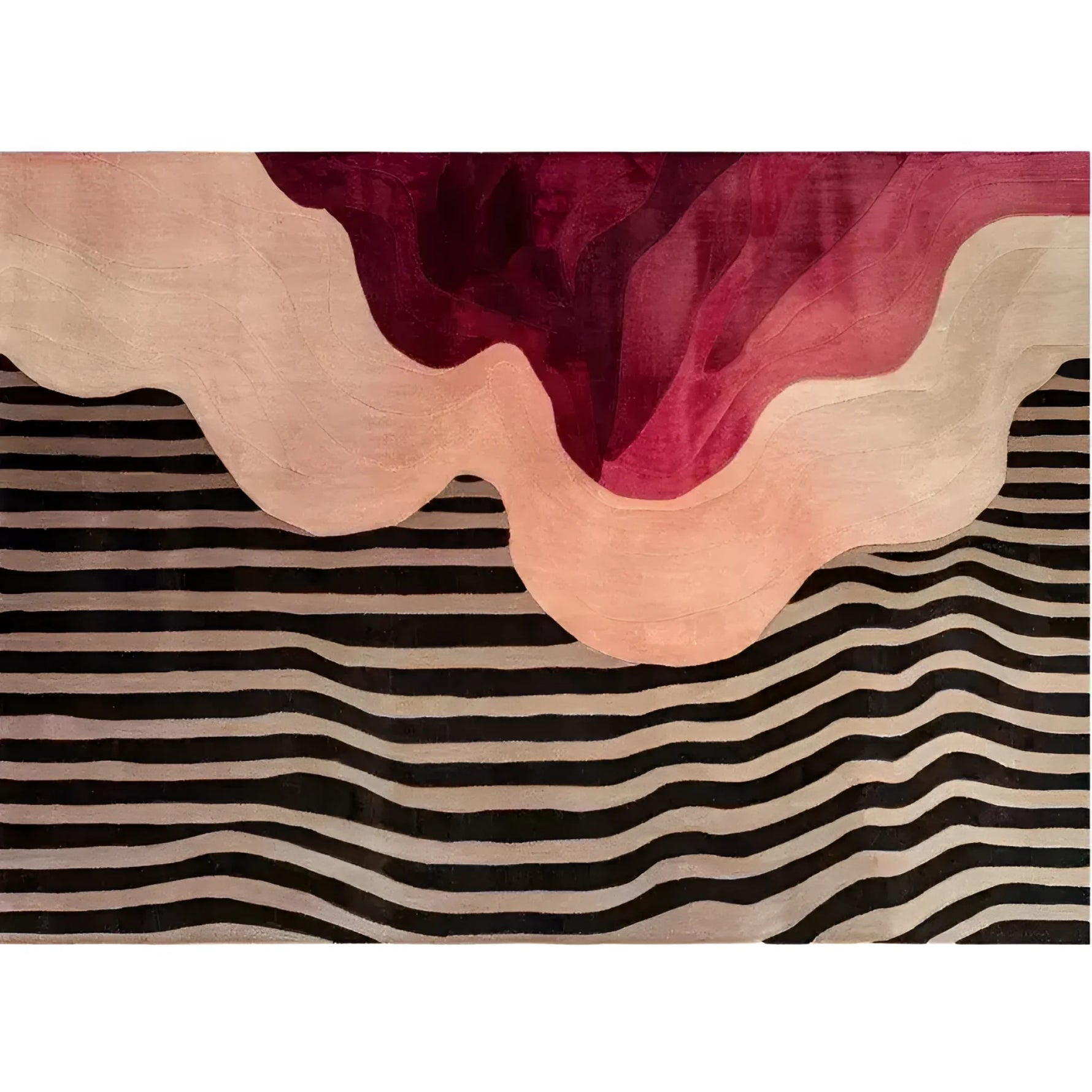 This striking area rug features a contemporary design with bold, abstract patterns in rich burgundy and coral tones, complemented by black and white stripes. Perfect for adding a modern touch to any bedroom, this hand-tufted wool rug is both stylish and functional, making it an excellent choice for those seeking unique bedroom area rugs.