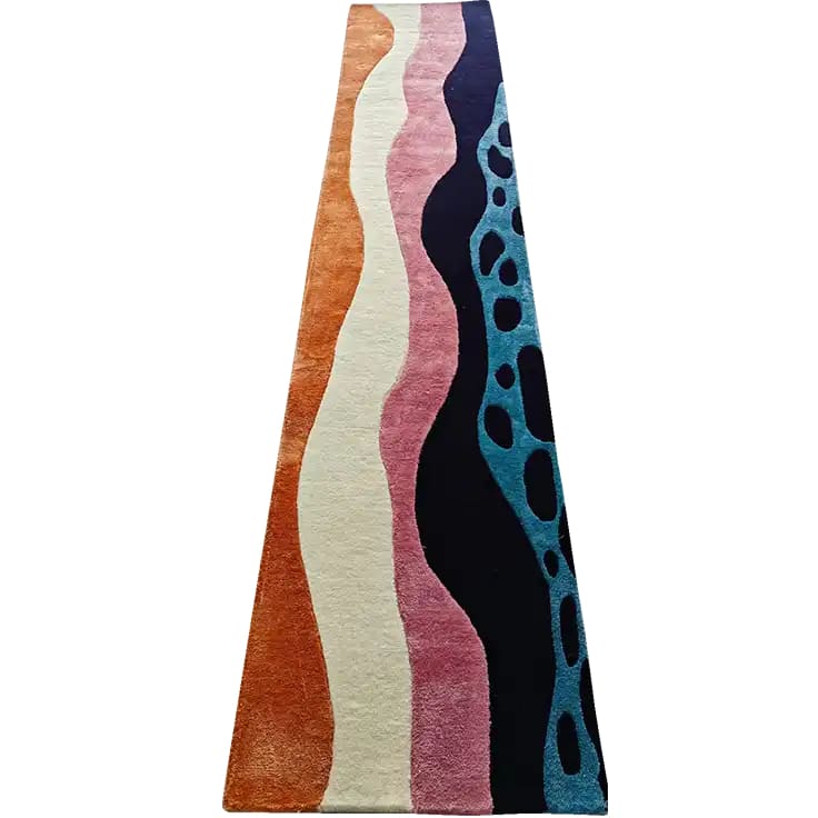 Vibrant Pattern Play Hand Tufted Wool Rug Runner featuring an abstract design with wavy, colorful stripes in shades of orange, pink, and blue. Ideal as an area rug for contemporary spaces, perfect for kitchens, hallways, or offices, adding a touch of modern flair.