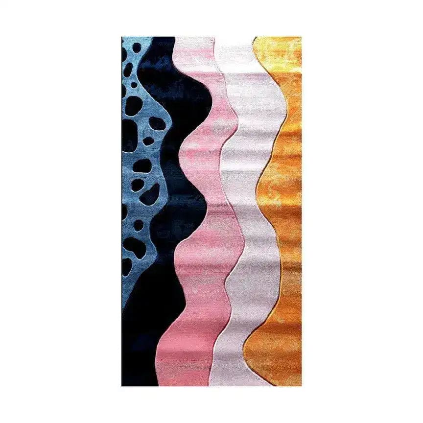 A vibrant and contemporary hand tufted wool rug in a runner style, featuring an abstract pattern with wavy lines in blue, pink, white, and orange. Perfect as a stylish kitchen rug or hallway runner, this area rug adds a modern touch to any space, from offices to living rooms.