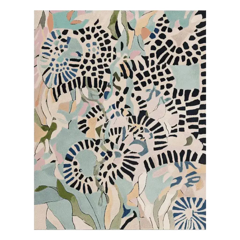 This vibrant Area Rug showcases a contemporary design with bold, abstract patterns in a mix of blues, greens, and pinks. Perfect for adding a splash of color to your living room, this wool rug is both stylish and durable, making it an ideal choice for large living room spaces.