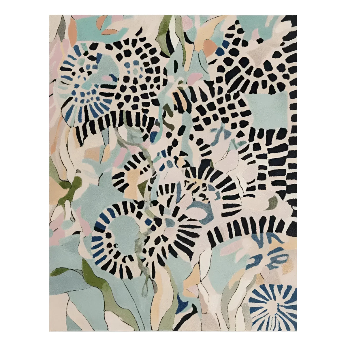 This vibrant Area Rug showcases a contemporary design with bold, abstract patterns in a mix of blues, greens, and pinks. Perfect for adding a splash of color to your living room, this wool rug is both stylish and durable, making it an ideal choice for large living room spaces.