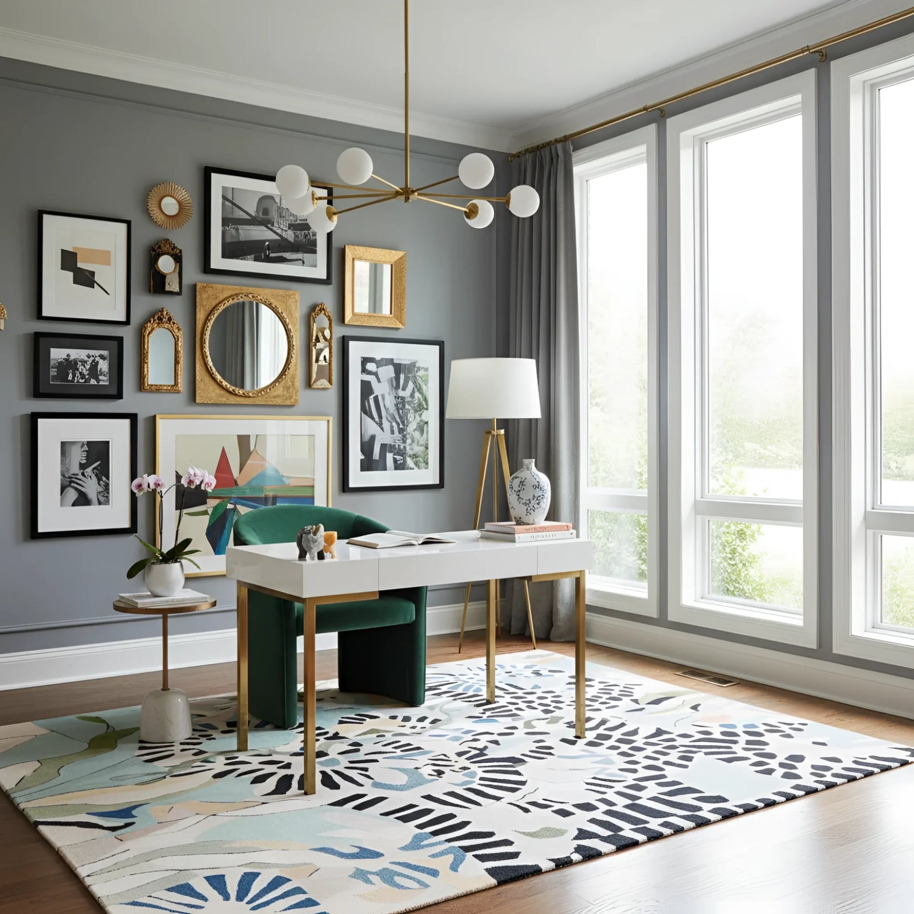 Modern home office with a desk, chairs, and decorative elements.