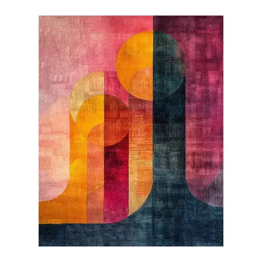 Vibrant and colorful Patterned Pulse Hand Tufted Wool Rug, ideal for large living room spaces. This contemporary rug features abstract geometric designs in bold shades of pink, orange, and blue, perfect for adding a modern touch to your living room. Made from high-quality wool, this area rug is both stylish and durable.