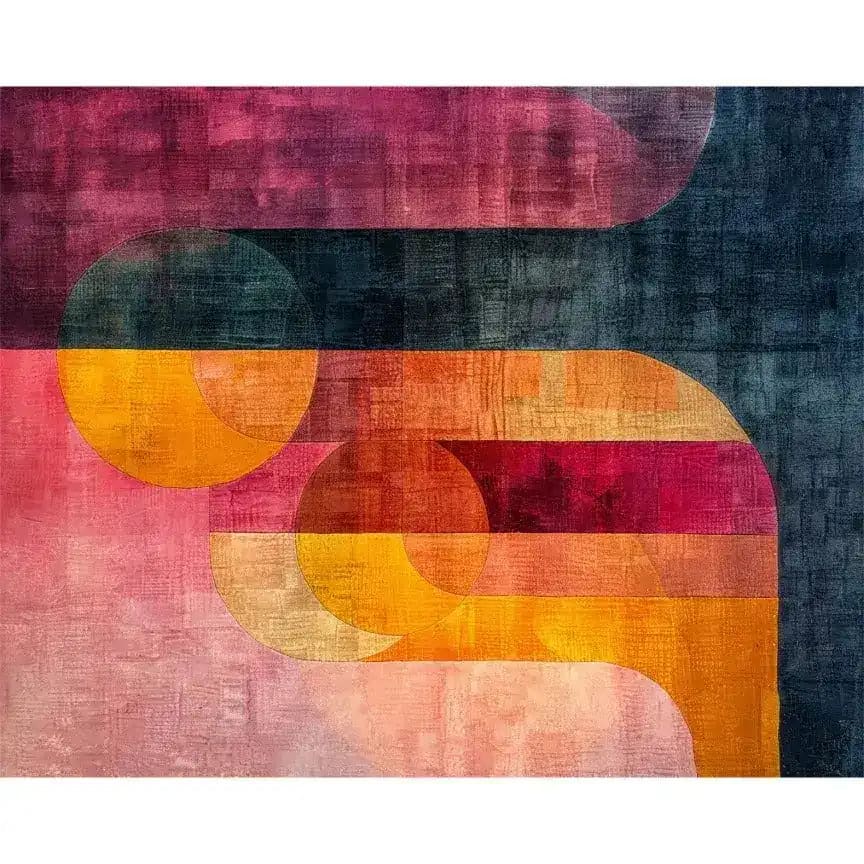 A vibrant Area Rug showcasing an abstract design with bold geometric shapes and rich colors. Ideal for a large living room, this contemporary wool rug adds a splash of color and style, making it a perfect choice for rugs for living room spaces.