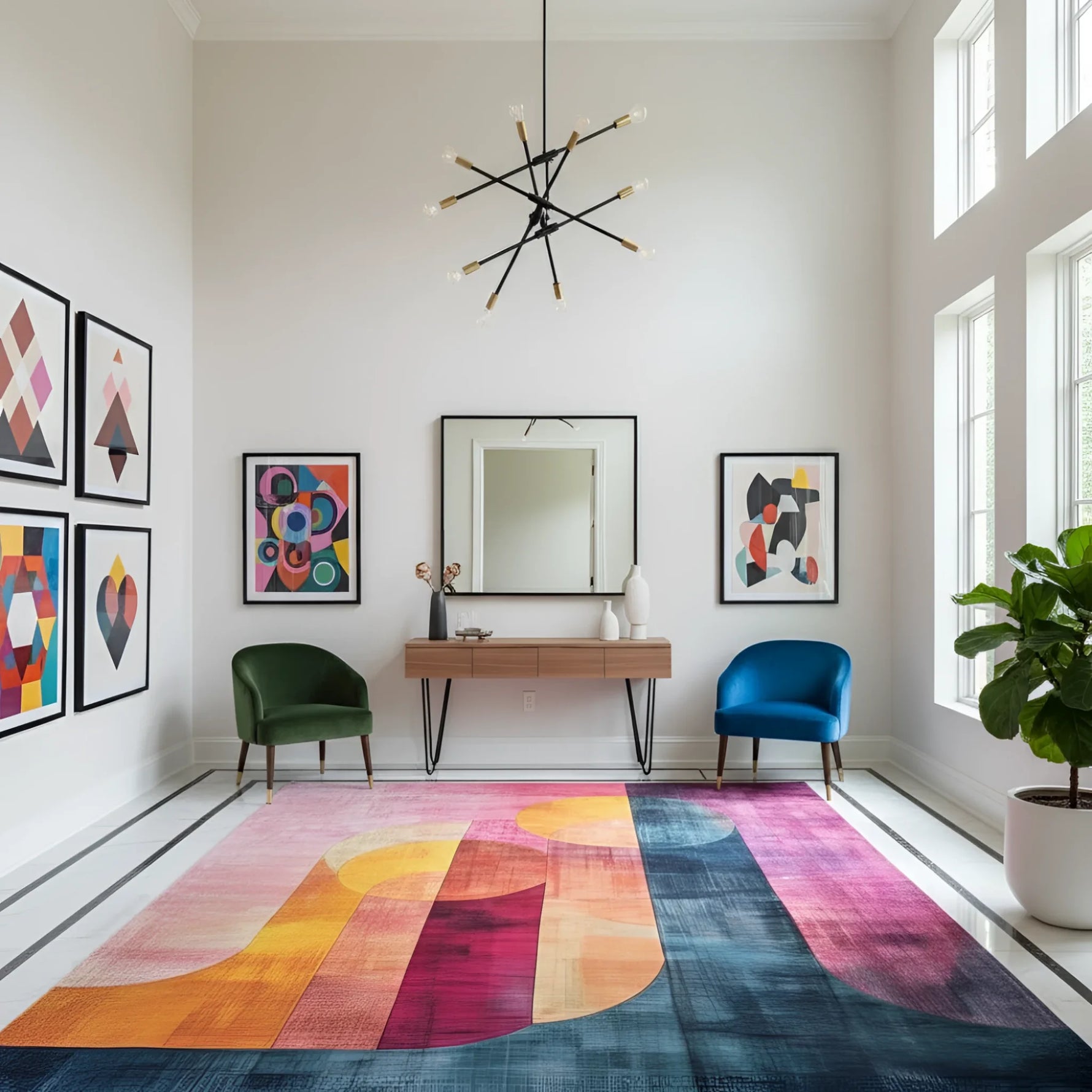 Modern living room with colorful rug, chairs, and wall art.