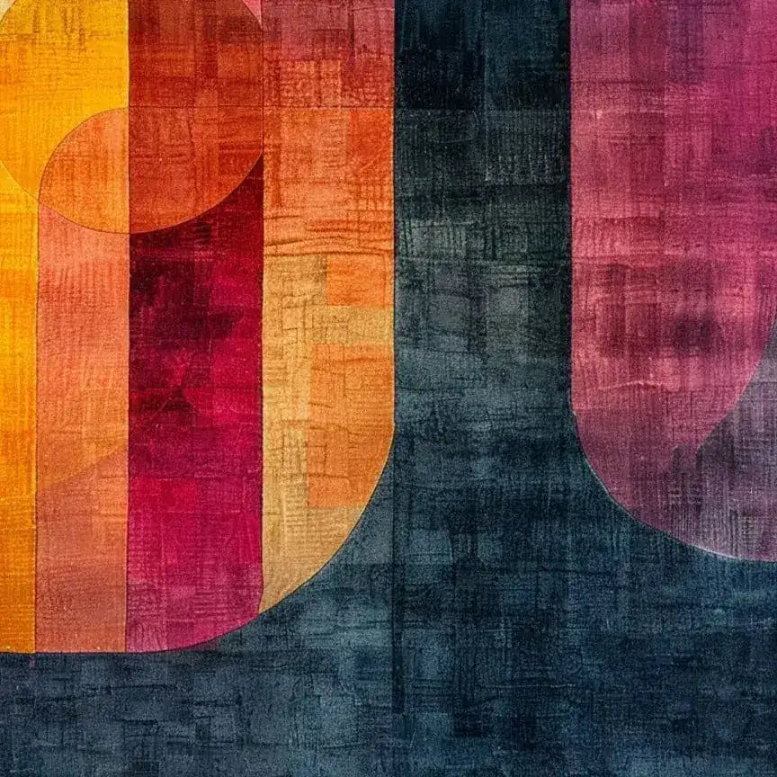 Vibrant abstract area rug featuring a blend of warm tones like red, orange, and pink against a dark blue backdrop, ideal for large living room spaces. This contemporary wool rug adds a stylish touch to any living room decor.