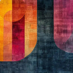 Vibrant abstract area rug featuring a blend of warm tones like red, orange, and pink against a dark blue backdrop, ideal for large living room spaces. This contemporary wool rug adds a stylish touch to any living room decor.