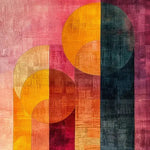 The Patterned Pulse Hand Tufted Wool Rug showcases a vibrant, abstract design with overlapping circles and vertical stripes in shades of pink, orange, and dark teal. This contemporary area rug is perfect for large living rooms, adding a bold touch to any living space. Made from high-quality wool, it combines style and durability, making it an ideal choice for rugs in living rooms.