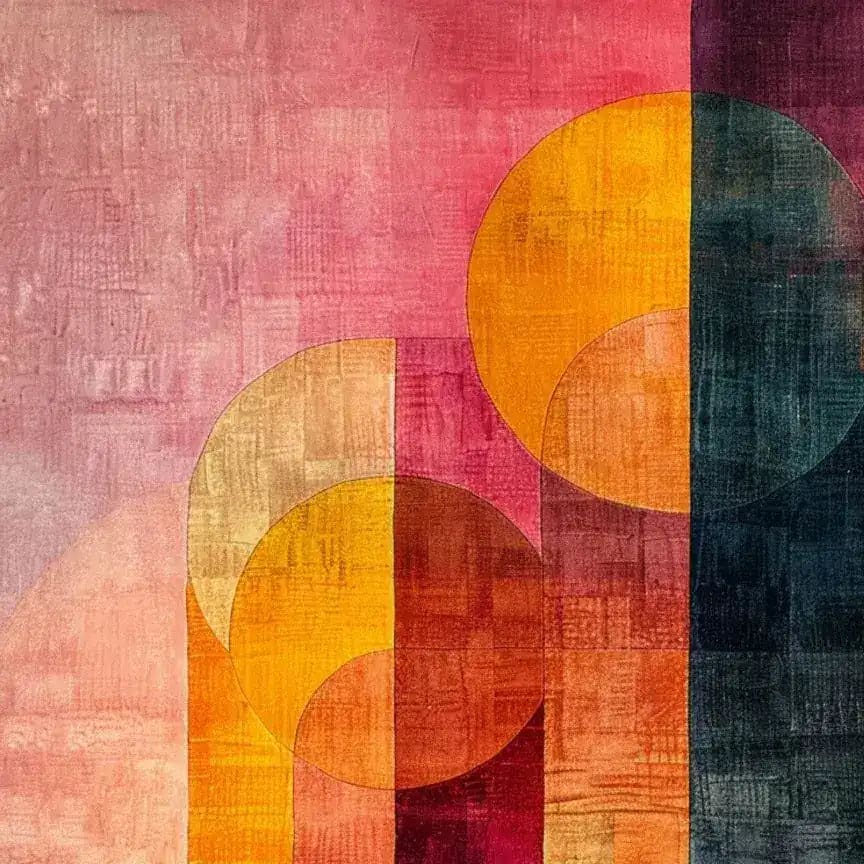 Vibrant area rug with an abstract design in rich shades of red, orange, and pink. Ideal for large living rooms, this contemporary wool rug adds a modern touch to any living room space.