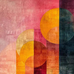 Vibrant area rug with an abstract design in rich shades of red, orange, and pink. Ideal for large living rooms, this contemporary wool rug adds a modern touch to any living room space.