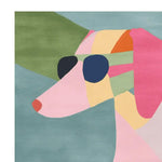This vibrant contemporary area rug features a playful abstract design of a dog wearing sunglasses, hand-tufted from wool. The square rug showcases bold colors like pink, green, and blue, perfect for adding a touch of whimsy to large living room spaces. Ideal for those seeking unique rugs for living room decor, this square area rug combines style with cozy comfort.