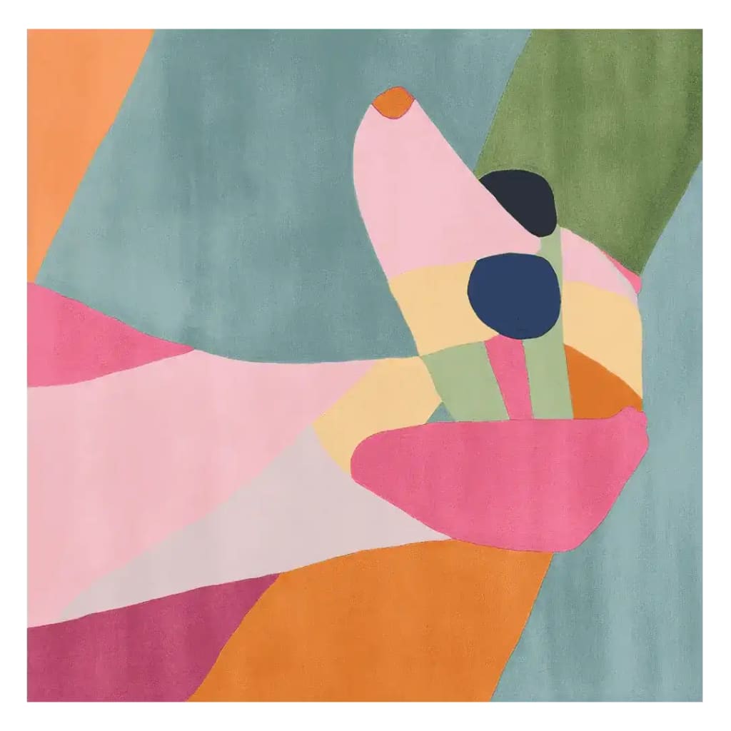 Vibrant and colorful abstract design on a large, square area rug perfect for contemporary living rooms. This wool rug features a playful mix of teal, pink, orange, and green, making it an eye-catching centerpiece among rugs for living room spaces.