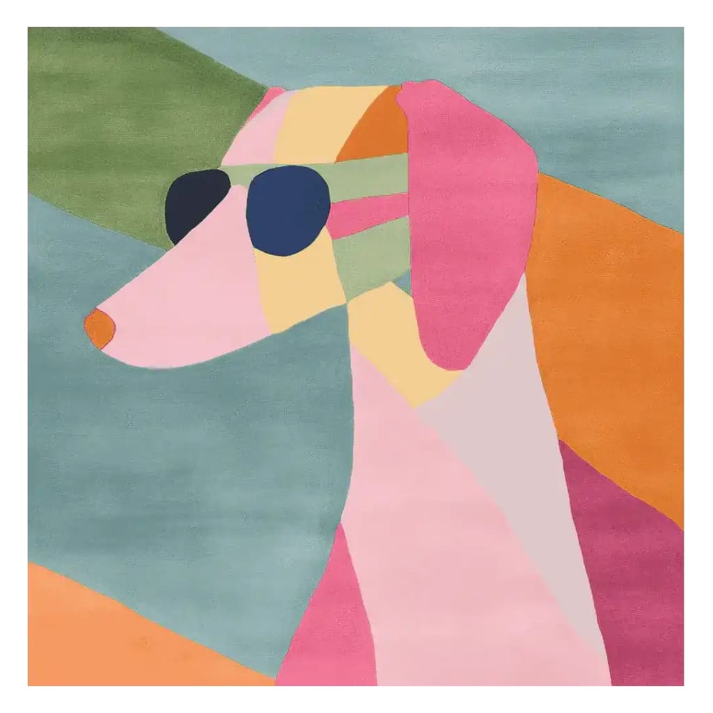 Vibrant and contemporary hand-tufted wool area rug featuring an abstract design of a dog wearing sunglasses. This large square area rug, perfect for a modern living room, combines playful colors like pink, orange, and green, making it an eye-catching centerpiece for any space.