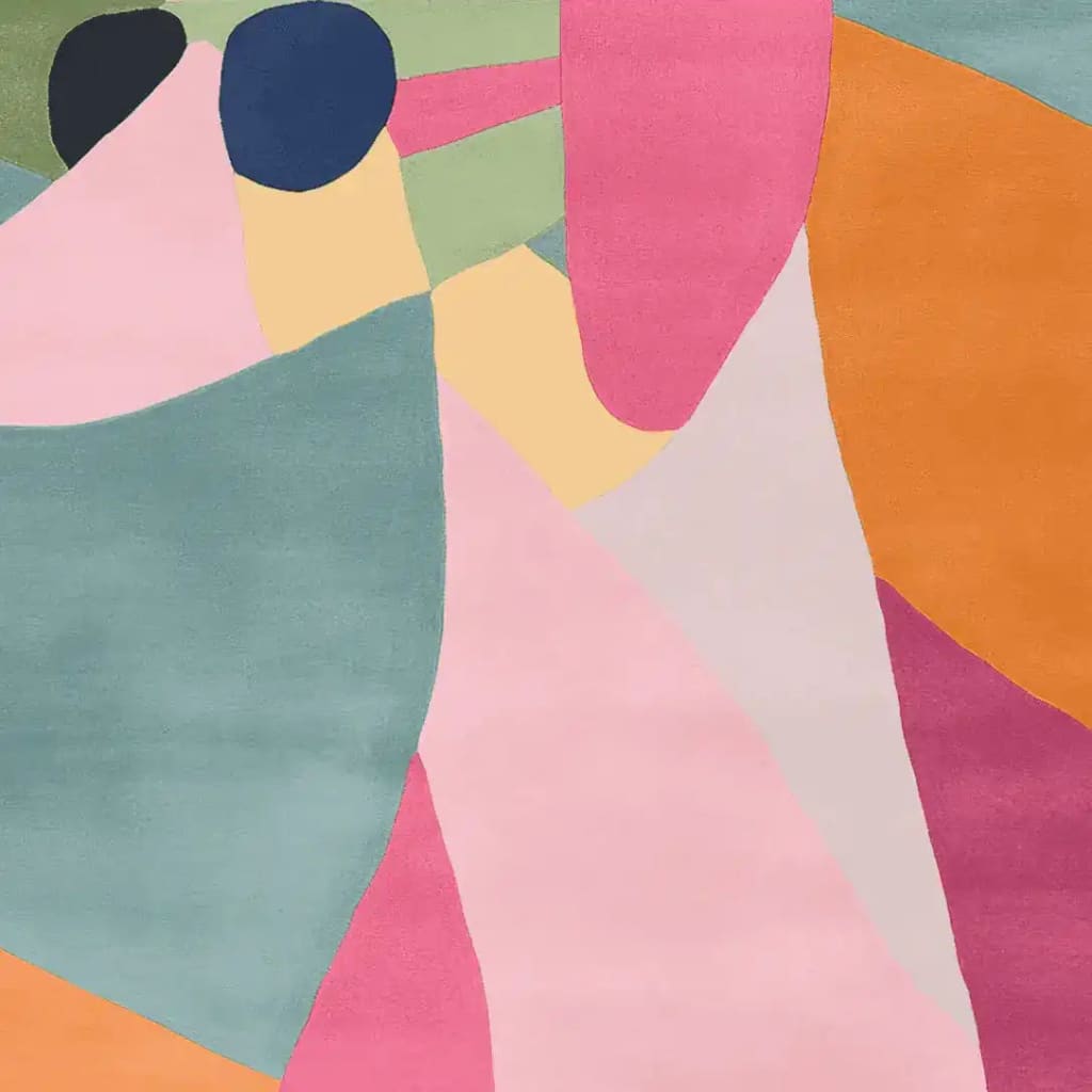 A vibrant and contemporary hand tufted wool rug featuring an abstract design with bold colors like pink, orange, blue, and green. This square area rug is perfect for adding a splash of color to large living rooms, making it an ideal choice for modern interiors seeking stylish rugs for living rooms.