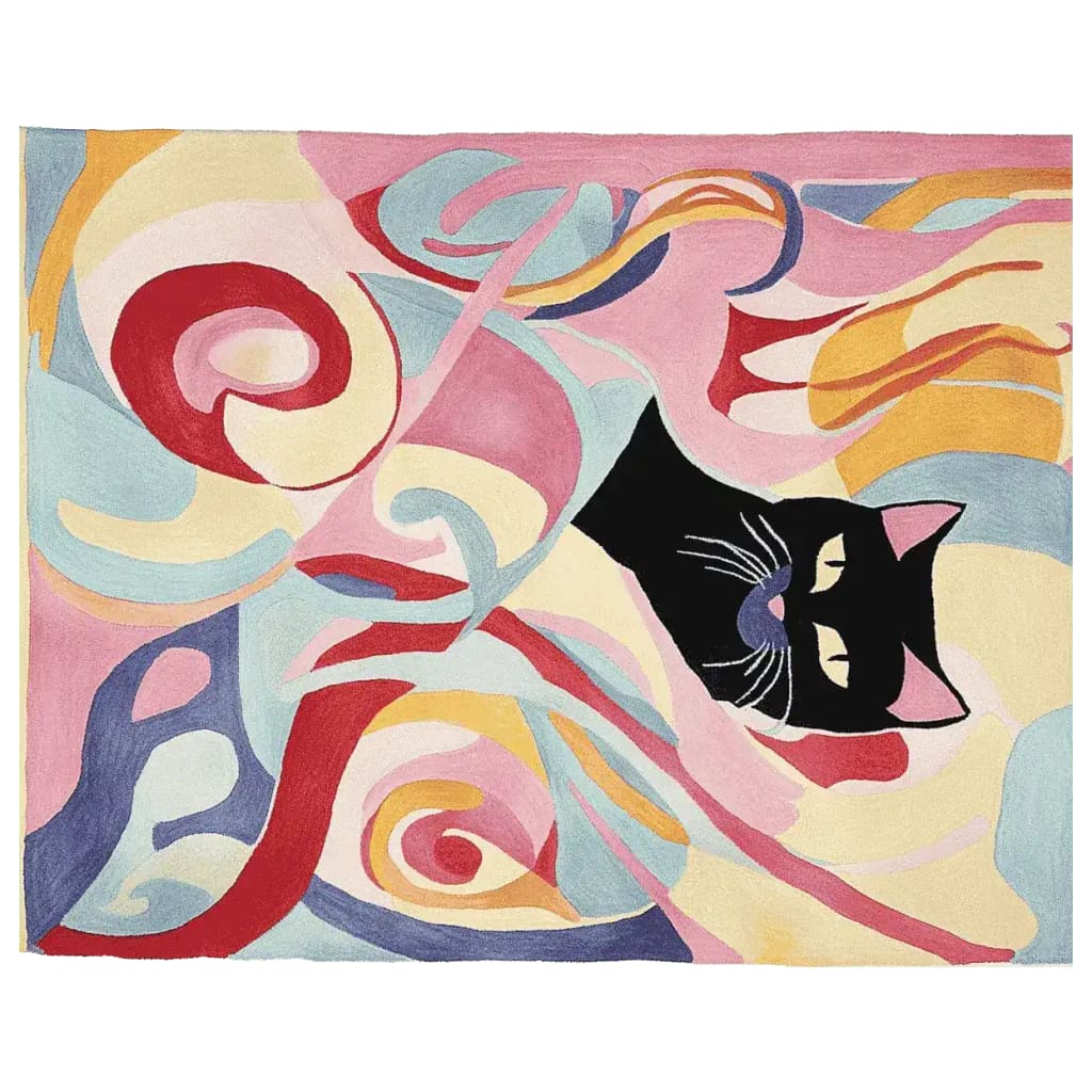 Vibrant and contemporary hand-tufted area rug featuring an abstract design with a whimsical black cat. This wool rug, ideal for large living rooms, showcases a blend of swirling colors including pink, red, and blue, offering a modern touch to any space.