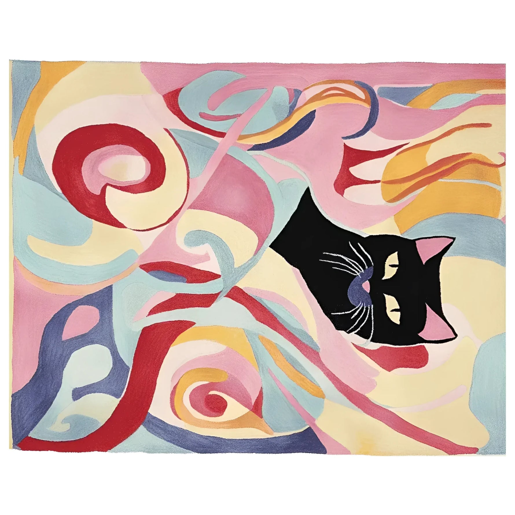 Vibrant and contemporary hand-tufted area rug featuring an abstract design with a whimsical black cat. This wool rug, ideal for large living rooms, showcases a blend of swirling colors including pink, red, and blue, offering a modern touch to any space.