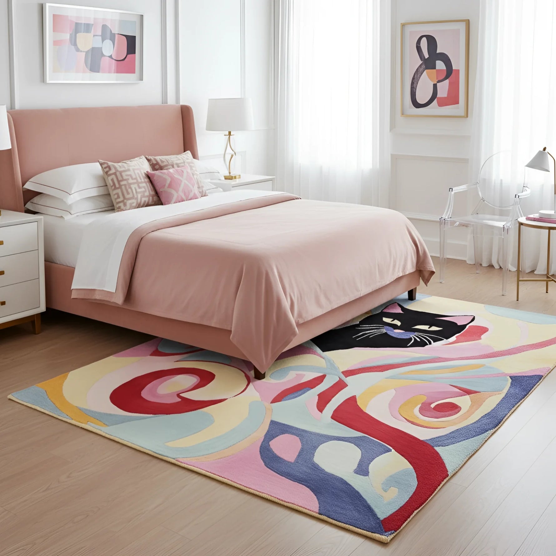 Bedroom with a colorful rug featuring a cat design, an abstract wool rug, pink bed, and abstract art on the walls.