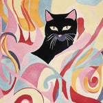 A vibrant hand-tufted area rug featuring an abstract design with a black cat surrounded by swirling colorful patterns. Perfect for adding a touch of contemporary art to your living room, this wool rug blends shades of pink, blue, yellow, and orange, making it an ideal choice for those seeking large living room rugs with a modern flair.