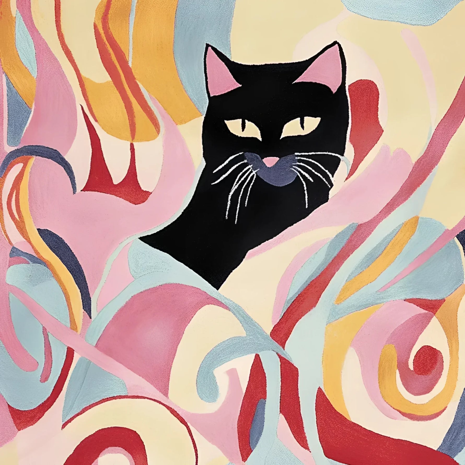 A vibrant hand-tufted area rug featuring an abstract design with a black cat surrounded by swirling colorful patterns. Perfect for adding a touch of contemporary art to your living room, this wool rug blends shades of pink, blue, yellow, and orange, making it an ideal choice for those seeking large living room rugs with a modern flair.