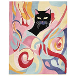 A vibrant and contemporary area rug featuring an abstract design with a black cat at its center. The rug showcases swirling patterns in shades of pink, red, blue, and yellow, making it a standout wool rug for any living room setting. Perfect as a large living room rug, this hand-tufted piece adds a touch of artistic flair and comfort.