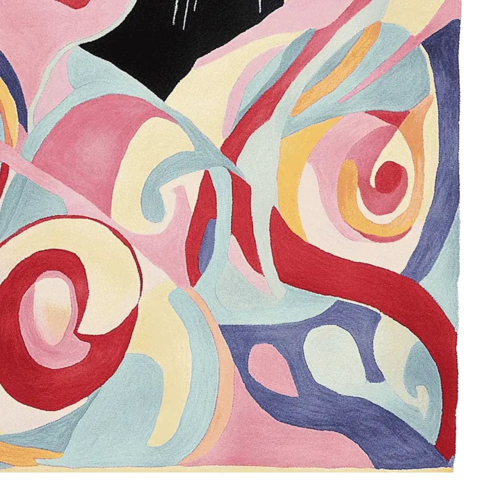 Vibrant Paws in Paradise hand tufted area rug featuring an abstract design with swirling colors of pink, red, blue, and yellow. Perfect for a contemporary living room, this wool rug adds a modern touch to any large space.