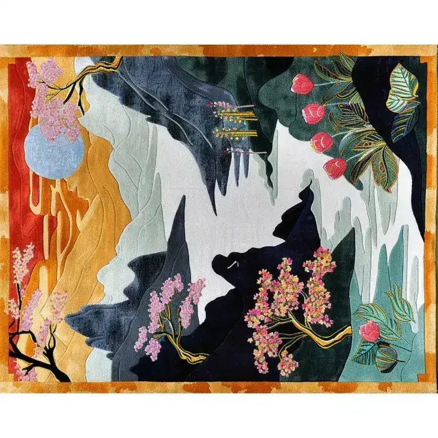 Vibrant hand-tufted area rug with an abstract design featuring floral elements and rich colors, perfect for adding a touch of elegance to dining rooms. This large wool rug is ideal for both living room and dining room spaces, offering a soft and stylish floor covering option.