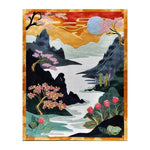 This Peaceful Retreat Hand Tufted Rug features a vibrant and serene landscape design, perfect for adding elegance to your dining room or as a standout wool rug in any living space. Ideal as a large area rug, its detailed depiction of nature with blooming flowers and scenic mountains brings tranquility to dining room carpets, enhancing both living room and dining room settings.