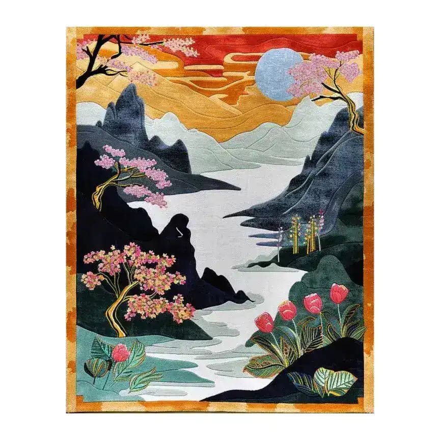 This Peaceful Retreat Hand Tufted Rug features a vibrant and serene landscape design, perfect for adding elegance to your dining room or as a standout wool rug in any living space. Ideal as a large area rug, its detailed depiction of nature with blooming flowers and scenic mountains brings tranquility to dining room carpets, enhancing both living room and dining room settings.