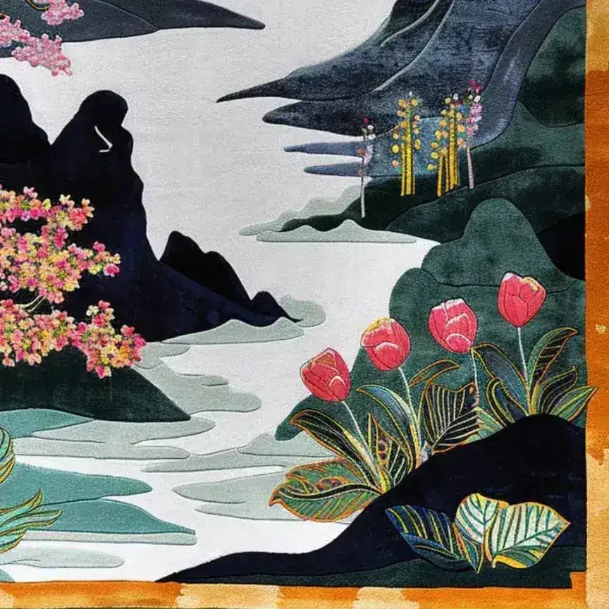 A beautifully designed hand-tufted area rug featuring a serene landscape with blooming pink cherry blossoms and vibrant red tulips. Perfect for adding a touch of elegance to dining rooms, this wool rug showcases intricate patterns suitable for large area spaces, enhancing both living room and dining room aesthetics.