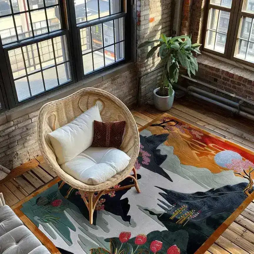 A cozy dining room setting featuring a Peaceful Retreat Hand Tufted Area Rug. This large wool rug displays an abstract design with vibrant colors, perfect for enhancing dining room carpets or living room and dining room rugs. The rug complements the rustic brick walls and natural light streaming through the windows, adding warmth and style to the space.