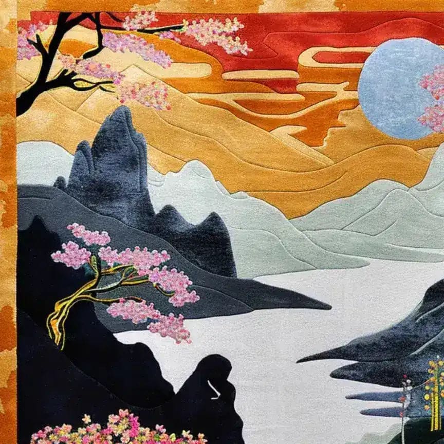 A vibrant and artistic hand-tufted area rug featuring a serene landscape design. Perfect for adding elegance to dining rooms, this wool rug showcases abstract mountains, a tranquil river, and blossoming cherry trees under a setting sun, ideal for both living room and dining room carpets.