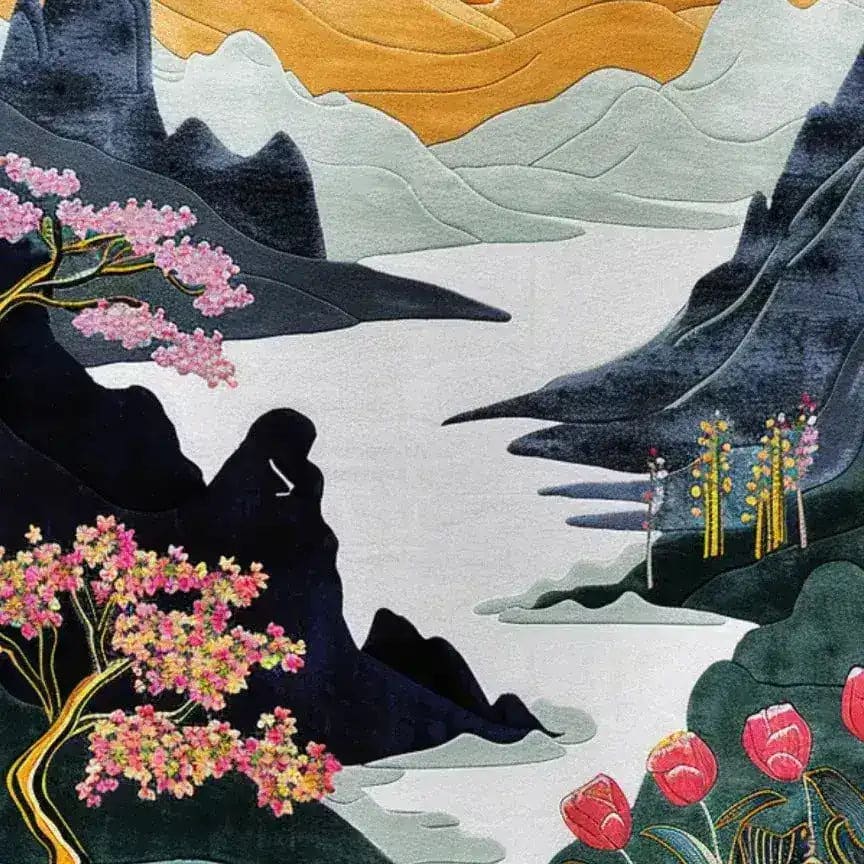 This image showcases the Peaceful Retreat Hand Tufted Area Rug, perfect for adding elegance to your dining room. The rug features a serene landscape design with vibrant floral patterns, ideal for those seeking a wool rug to complement large area rugs in living room and dining room spaces.