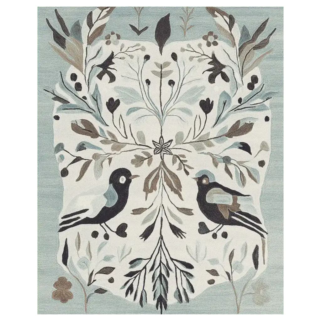A beautifully designed area rug titled 'Peaceful Winter Chorus Hand Tufted Rug', featuring an elegant pattern of birds and foliage in soft tones. This wool rug is perfect for adding warmth and style to your living room, exemplifying the charm of area rugs for living room settings.