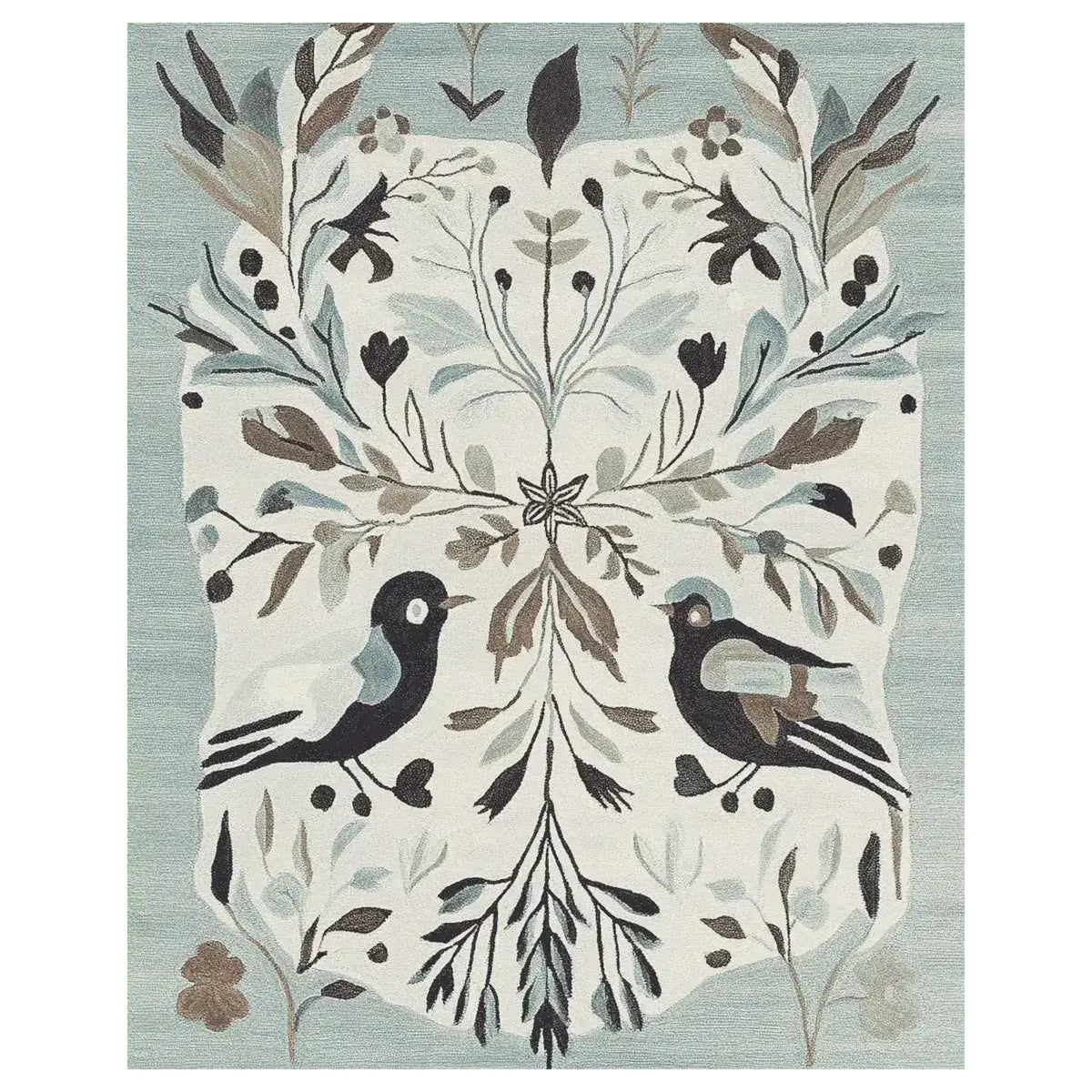 Decorative wool rug with bird and floral pattern in a room with plants and wooden furniture.