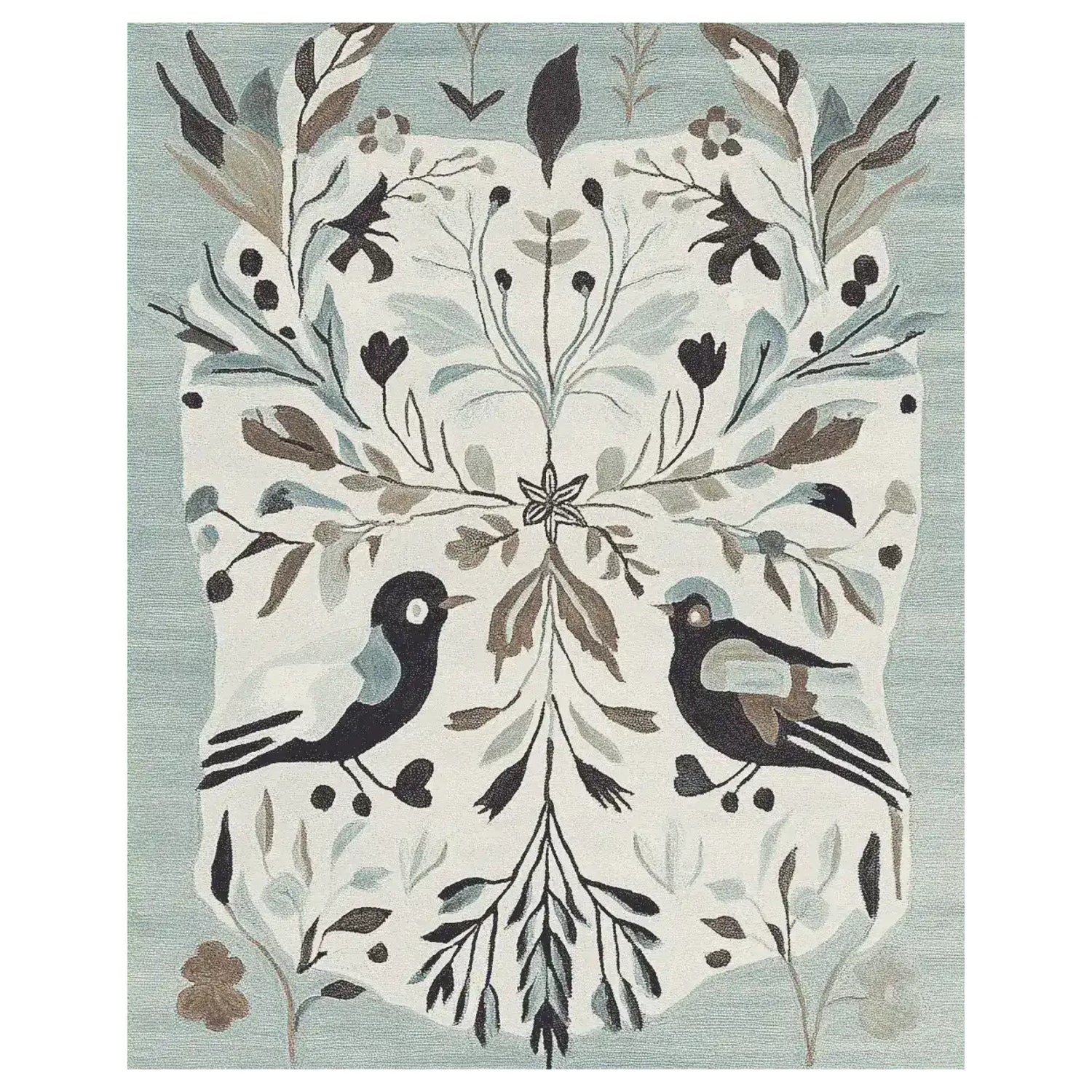 Decorative wool rug with bird and floral pattern in a room with plants and wooden furniture.