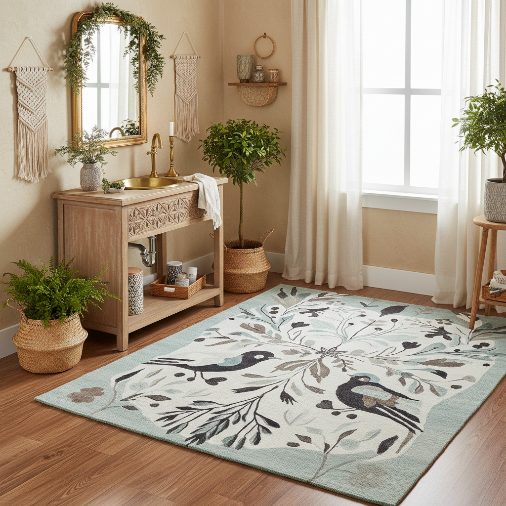 Decorative wool rug with bird and floral pattern in a room with plants and wooden furniture.