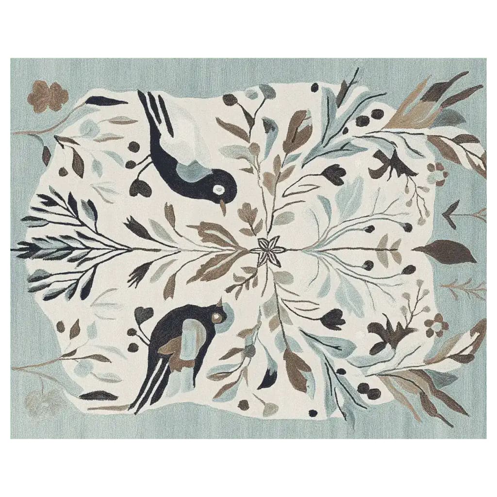 Hand-tufted area rug featuring a peaceful winter chorus design with birds and floral patterns. This wool rug, ideal for living rooms, showcases a harmonious blend of soft blues, browns, and creams, adding a touch of nature-inspired elegance to your space.