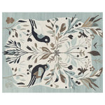 Hand-tufted area rug featuring a peaceful winter chorus design with birds and floral patterns. This wool rug, ideal for living rooms, showcases a harmonious blend of soft blues, browns, and creams, adding a touch of nature-inspired elegance to your space.