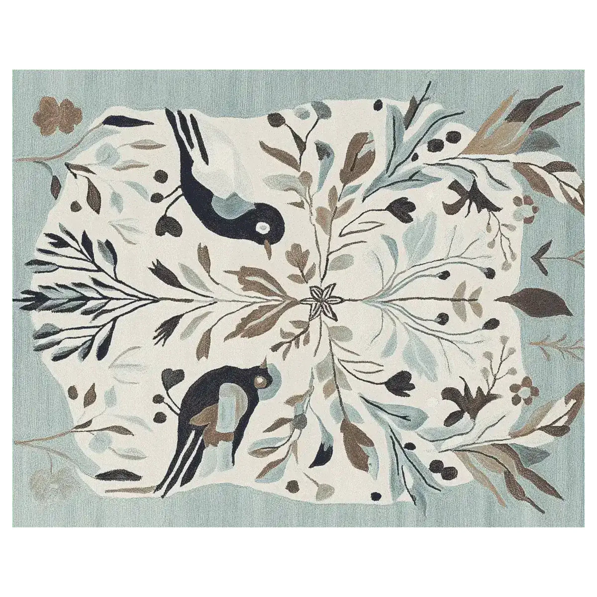 Hand-tufted area rug featuring a peaceful winter chorus design with birds and floral patterns. This wool rug, ideal for living rooms, showcases a harmonious blend of soft blues, browns, and creams, adding a touch of nature-inspired elegance to your space.