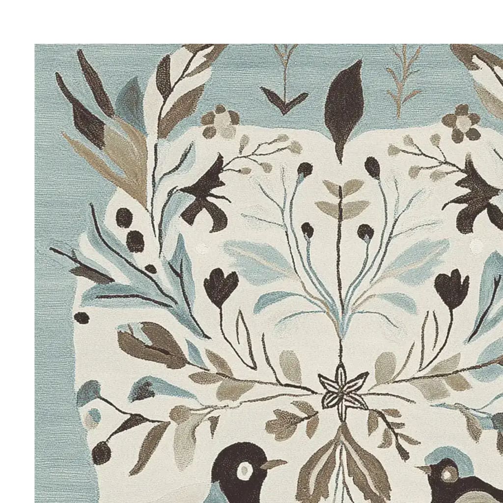 A beautifully hand-tufted area rug featuring a tranquil winter theme. This wool rug displays intricate patterns of birds and floral motifs in soft blue and brown hues, perfect for adding a touch of elegance to any living room. Ideal for those seeking stylish area rugs for living room decor.