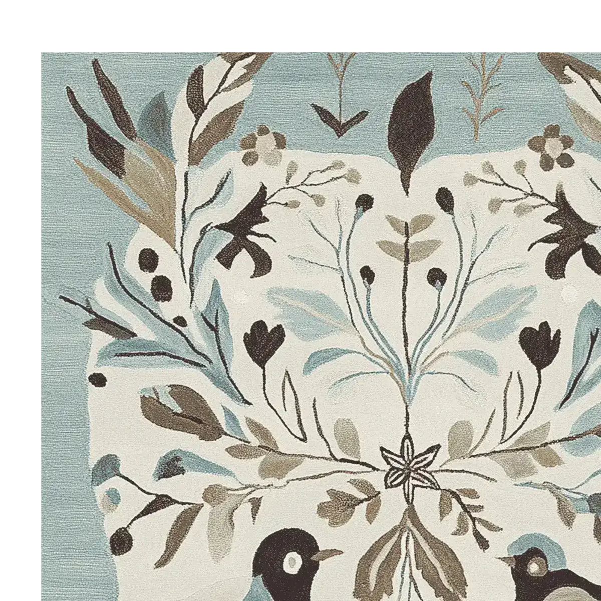 A beautifully hand-tufted area rug featuring a tranquil winter theme. This wool rug displays intricate patterns of birds and floral motifs in soft blue and brown hues, perfect for adding a touch of elegance to any living room. Ideal for those seeking stylish area rugs for living room decor.