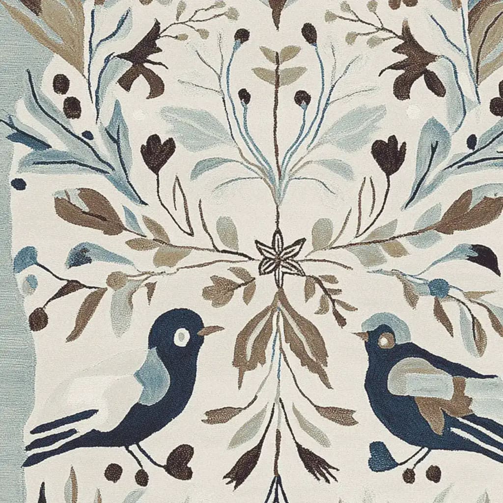 Close-up view of the Peaceful Winter Chorus hand tufted area rug, featuring a charming design with birds and botanical elements. This wool rug, perfect for living rooms, showcases intricate detailing with soft hues of blue, brown, and cream, adding a touch of elegance to any space.