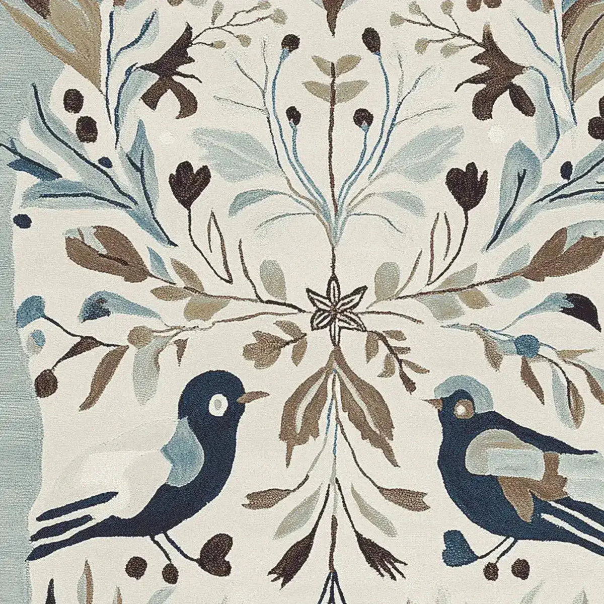 Close-up view of the Peaceful Winter Chorus hand tufted area rug, featuring a charming design with birds and botanical elements. This wool rug, perfect for living rooms, showcases intricate detailing with soft hues of blue, brown, and cream, adding a touch of elegance to any space.