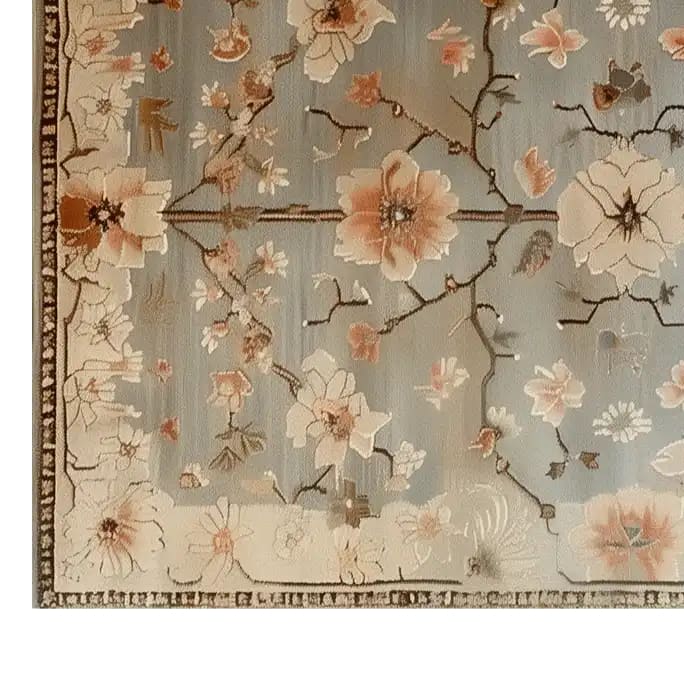 Elegant area rug featuring a hand-tufted wool design with peach blossom patterns on a soft blue background, perfect for large living rooms. This exquisite wool rug adds a touch of nature-inspired elegance, making it an ideal choice for area rugs for living room spaces.